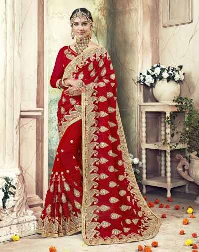 Red Faux  Georgette  Embroidered  Traditional  Saree 7401